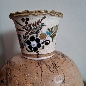 Tonala Mexican Folk Art Ceramic Pot with Bird Design